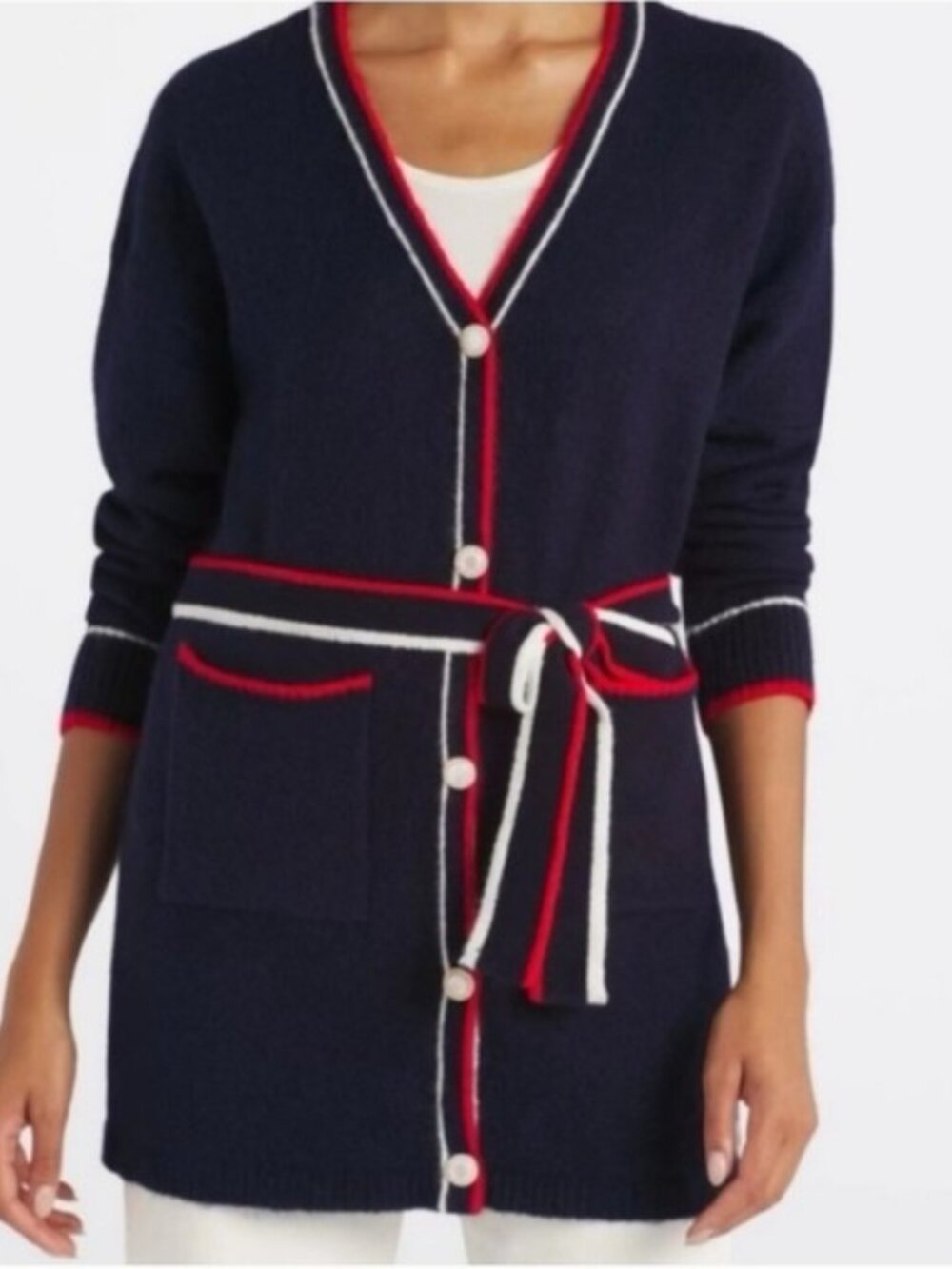 Vigoss Americano Belted Cardigan Sweater Size Large New Navy Fall Button Front